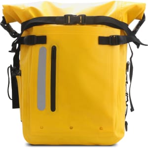 A bright yellow waterproof roll top backpack with adjustable straps and reflective accents. It features multiple pockets.