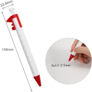 A caliper pen in red and white, featuring measurement markings and a refillable 0.5mm nib.