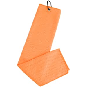 An orange waffle-patterned golf towel with a clip for easy attachment.