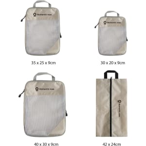 Four travel packing cubes in various sizes and shapes, featuring a beige colour and mesh panels. Each has a logo.
