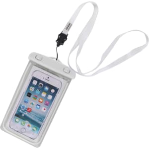 A waterproof phone bag in white with a strap, designed to hold a smartphone securely.