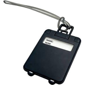 A black ABS luggage tag with a clear window for personal details and a grey attachment loop.