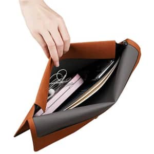 A PU leather A4 file bag in brown, opened to reveal electronic devices and cables inside.
