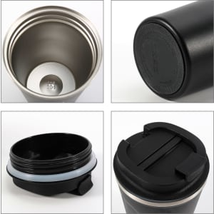 A stainless steel coffee mug in silver and black, featuring a removable lid and base, with an inner metal compartment.
