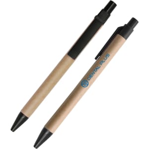 Two Kraft paper ball pens in brown with black tips and accents, featuring a logo on one pen.