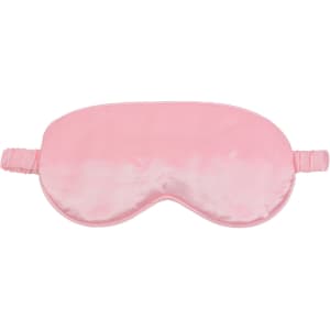 A pink satin sleep mask with an adjustable strap and a smooth surface. Features a branding logo.