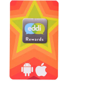 A vibrant rewards card with a multicoloured star design, featuring logos for Android and Apple.