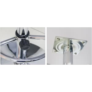 A chrome bar table featuring a height-adjustable mechanism and a sturdy base with screw fittings.