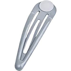 A grey hair clip with an oval white design and a logo on it.