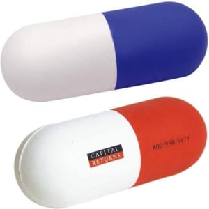 A capsule-shaped stress reliever in blue and white, with an orange and white version below, featuring a logo.