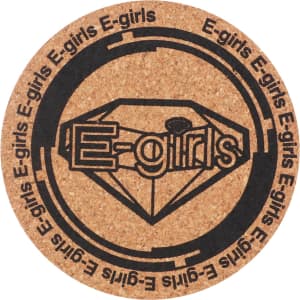A circular cork coaster with a black logo and design featuring the text "E-girls". The coaster is a natural cork colour.