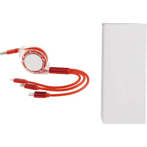 A red 3-in-1 retractable charging cable with multiple connectors alongside a plain white box.
