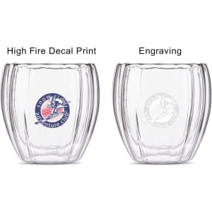 A drink bottle featuring a clear double-wall design with a smooth finish and a logo on one side.