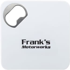 A drink bottle opener in a square white design featuring a metal opening tool and a logo.
