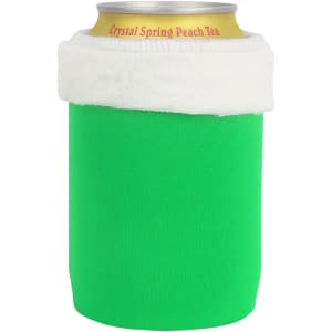 A green stubby holder with a white fluffy top, designed to fit standard drink cans. It features a logo.