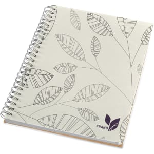 A B5 full colour notebook with a leaf-patterned cover and a spiral binding. Features a logo on the front.