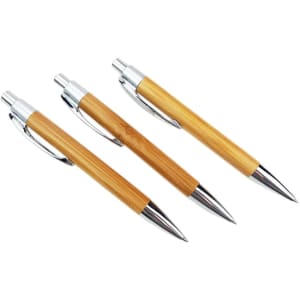 Three eco bamboo click pens with silver accents, featuring a natural bamboo body and chrome tips.