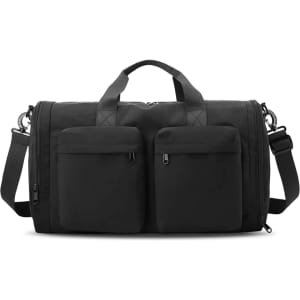 A foldable travel duffle bag in black featuring two front pockets and a detachable shoulder strap.