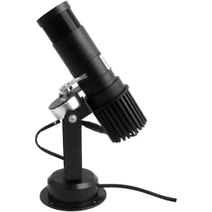 A black LED projector light with an adjustable angle and a sturdy base, designed for displaying logos.