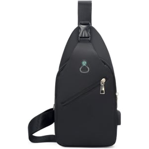 A black Travel Sling Chest Bag featuring a zippered pocket and a branded logo.