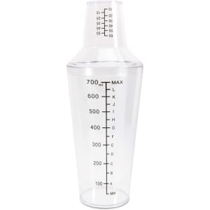 A drink bottle in clear plastic with a measuring cap featuring measurement markings on the side.
