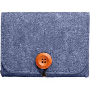 A blue felt essential oil bag with a wooden button closure. It features a simple, fold-over design.