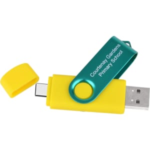 A yellow and teal double-end USB Type C flash drive with a removable cap and logo.