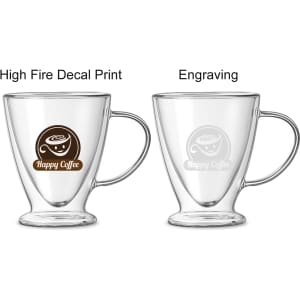 A V-shaped double wall mug in clear glass, featuring a logo and two different print styles for decoration.
