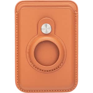 A PU magnetic card and AirTag holder in a tan colour, featuring a circular attachment on the front and a logo.