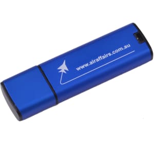 A blue flash drive with a logo, featuring a sleek design and a black end cap.
