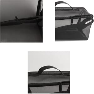 A large capacity black nylon mesh cosmetic bag with a zipper and carrying handle, featuring a transparent design.