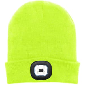 A bright yellow beanie with an integrated headlamp on the front, featuring a black panel.