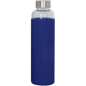 A drink bottle featuring a blue silicone sleeve and a stainless steel lid, with a clear glass body.