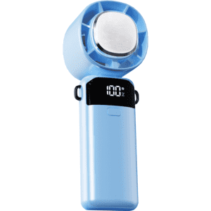 A portable cooling fan in light blue with a digital display and attached phone stand.