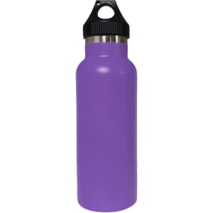 A drink bottle in vibrant purple with a black PP lid and a stainless steel interior. Features a logo.