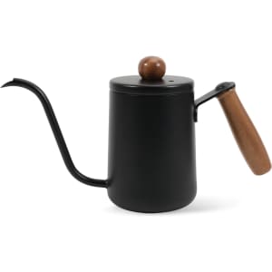 A stainless steel pour-over kettle with a wooden handle and a sleek black finish, featuring a curved spout and a lid.