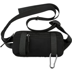 A black travel fanny pack with adjustable straps, a zipped pocket, and a carabiner attached.