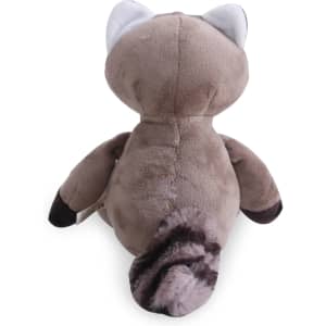 A plush raccoon toy in shades of grey and brown, featuring embroidered eyes and ears.