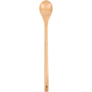 A long handle wooden spoon in a natural wood colour, featuring a rounded bowl and a hole for hanging.
