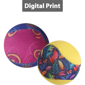 Two vibrant, multicoloured water bouncing balls with digital prints, featuring a mix of floral and geometric designs.