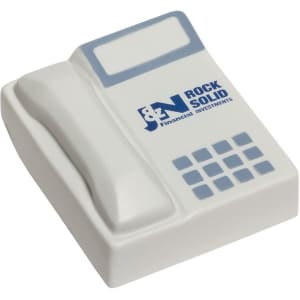 A telephone-shaped stress reliever in white and light blue, featuring a logo on the front.