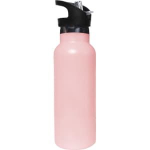 A drink bottle in pastel pink with a black flip valve lid and a logo. It features a double wall vacuum design.