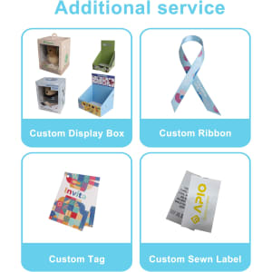 A selection of custom packaging options including display boxes, ribbons, tags, and sewn labels in various designs and colours.