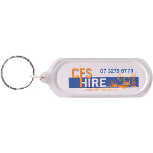 An oblong acrylic keyring in clear with a silver keyring attachment and featuring a logo.