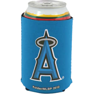 A drink bottle holder in blue featuring a logo, designed to fit a standard can.