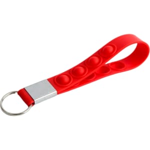 A red silicone keyring featuring several push bubbles and a metal keyring attachment.