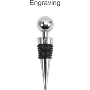 A drink bottle stopper featuring a chrome ball and a black rubber grip, with a pointed metal base. It includes a logo.