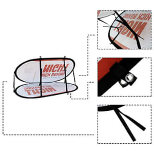 A horizontal pop-up banner in red and white with black framing and clips for support. Features multiple detailed views.