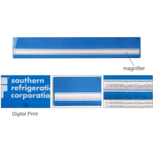 A blue 30cm magnifying ruler featuring a central magnifier and a logo, designed for office use.