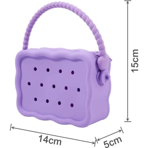 A purple silicone bag with holes, featuring a braided handle and a zip closure. Dimensions are 14cm x 5cm x 15cm.